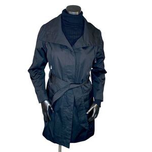 Worthington Belted Black Trench Coat Womens Size Small Shorter Length Pockets